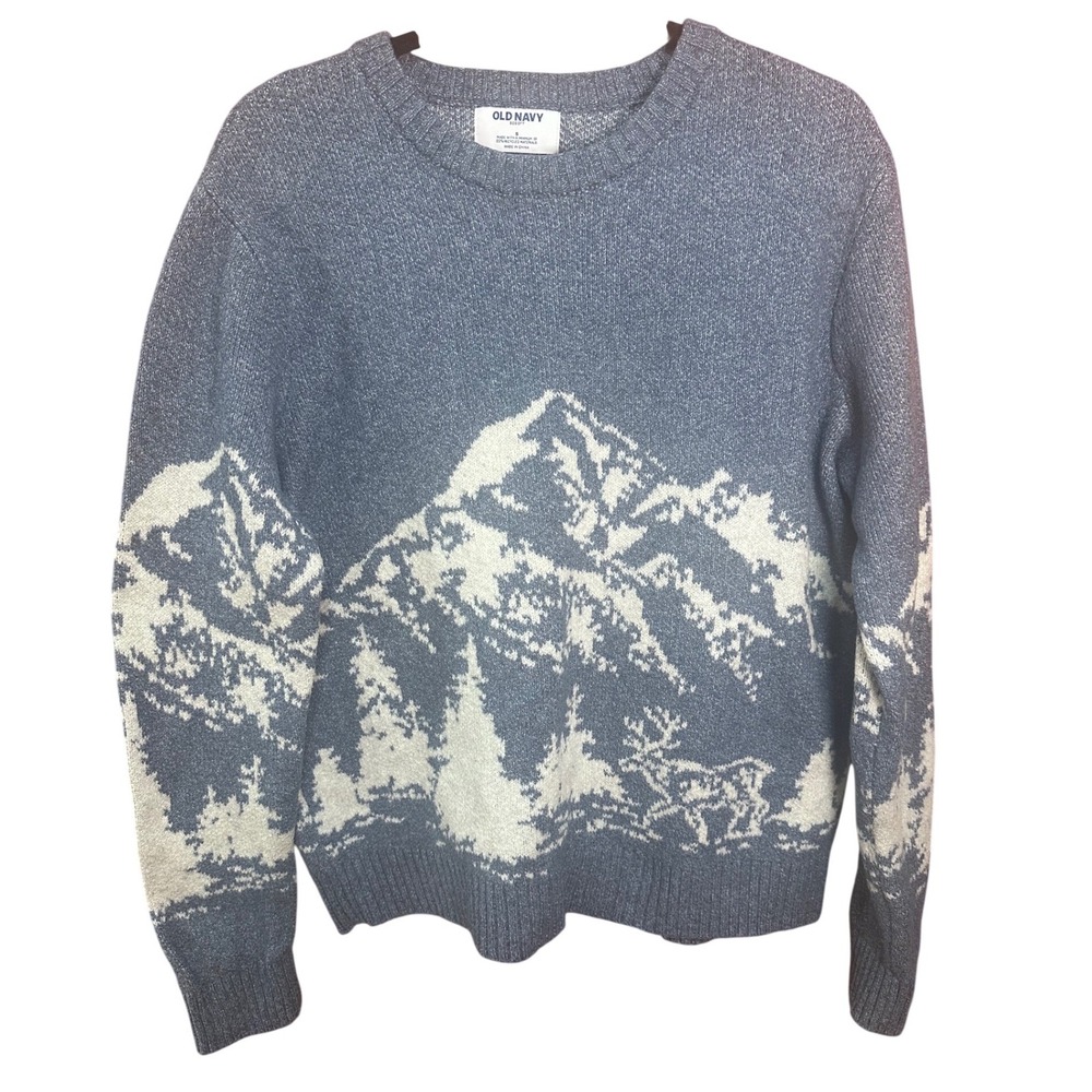 Old Navy SoSoft Blue Mountain Landscape Reindeer Intarsia Knit Sweater Small